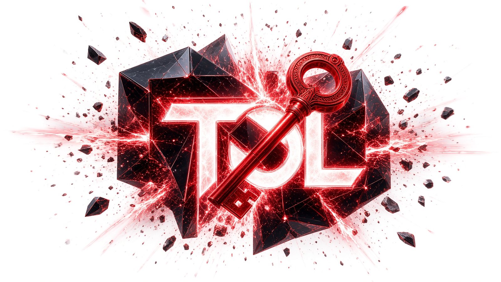 Brand illustration: a red faceted crystal and an ornate red key forming the TOL wordmark, shattering outward, on a white ground.