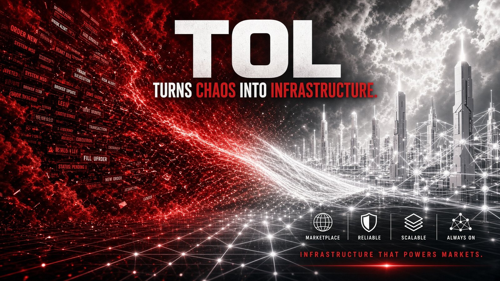 Brand illustration: a red-lit city skyline dissolving out of streaking red light trails on a black ground, labelled TOL, Turns Chaos Into Infrastructure, with a small icon row reading Marketplace, Reliable, Scalable, Always On.