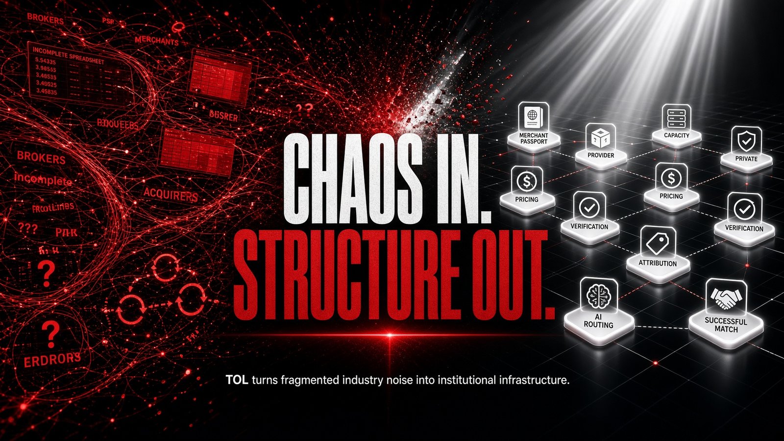 Brand illustration: a diagram titled Chaos In, Structure Out, with small hexagonal icons for broker, provider, capacity, pricing, attribution and verification feeding into a single funnel.