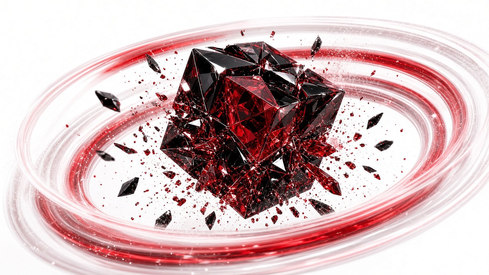 Brand illustration: a faceted red gem sealed inside a glowing red spiral ring, on a white ground.
