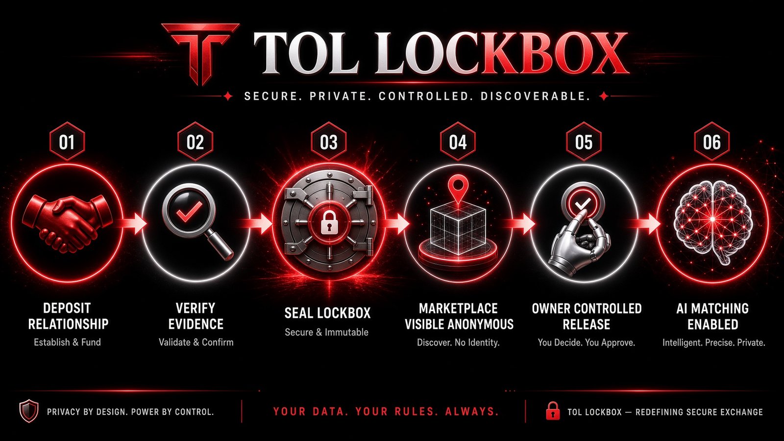 Brand illustration: a six-step TOL Lockbox process diagram, deposit relationship, verify evidence, seal lockbox, marketplace visible anonymous, owner controlled release, AI matching enabled.
