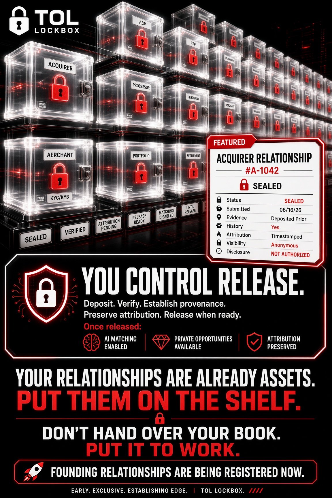 Brand illustration: a wall of sealed TOL Lockbox units with a featured acquirer relationship record marked sealed, under the words Your Relationships Are Already Assets, Put Them On The Shelf, and Founding Relationships Are Being Registered Now.
