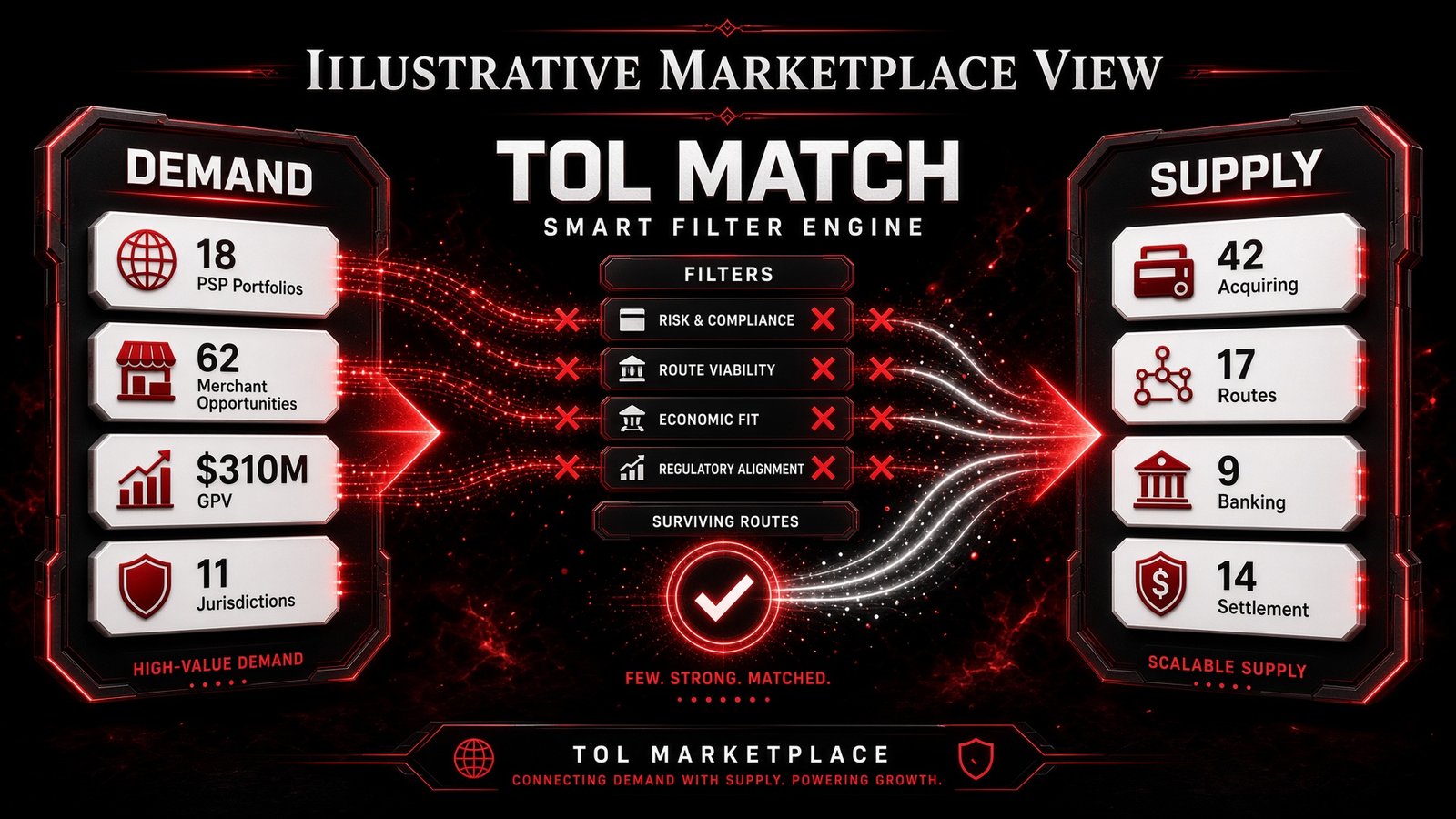 Brand illustration: an illustrative marketplace view titled TOL Match Smart Filter Engine, showing demand figures of 18 PSP portfolios, 62 merchant opportunities and 310 million in GPV against supply figures of 42 acquiring relationships, 17 routes and 9 banking providers, filtered down to a small set of surviving routes.